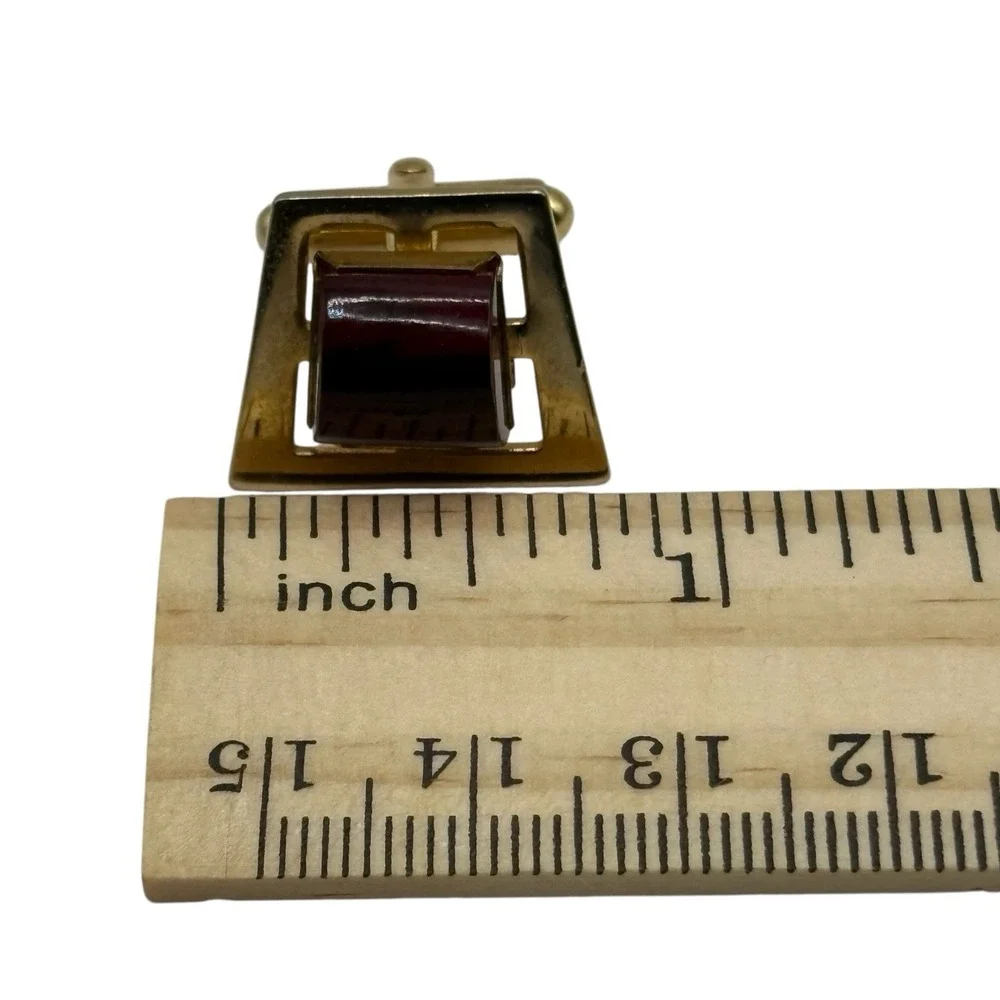ANSON Cherry Red Lucite Cufflinks Tie Clip Bar Set Gold Tone Open Frame‎ Vintage